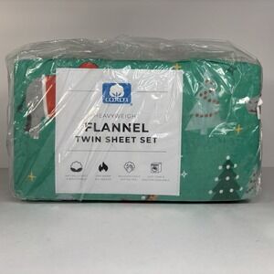 Twin Flannel Sheet Set heavyweight cotton Green Safari Animal Christmas Print